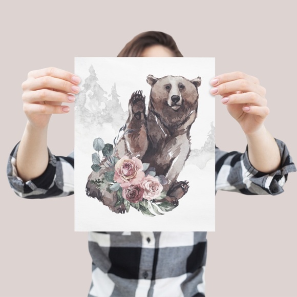 Watercolor Floral Bear Wall Art Print Poster Unframed - Picture 6 of 10